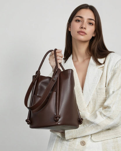Women's Camel Knot-Detail Genuine Leather Bucket Bag