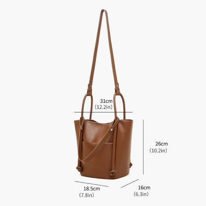 Women's Camel Knot-Detail Genuine Leather Bucket Bag
