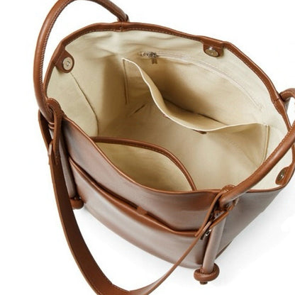 Women's Camel Knot-Detail Genuine Leather Bucket Bag