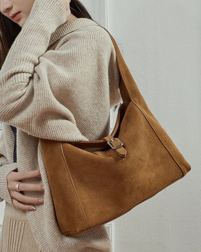 Structured Truffle Suede Shoulder Bag with Metal Buckle