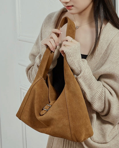 Structured Truffle Suede Shoulder Bag with Metal Buckle
