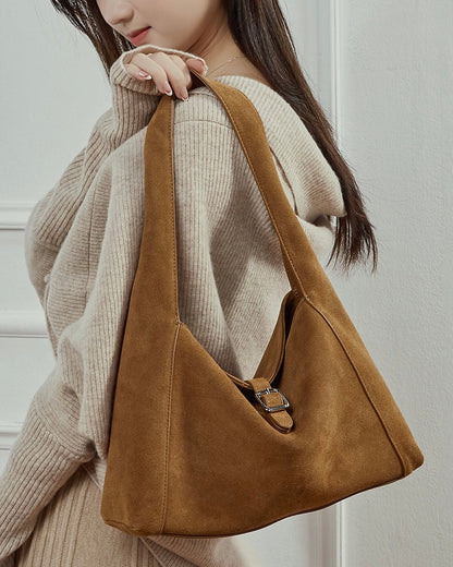 Structured Truffle Suede Shoulder Bag with Metal Buckle
