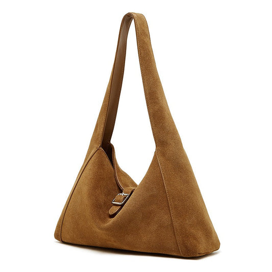 Structured Truffle Suede Shoulder Bag with Metal Buckle