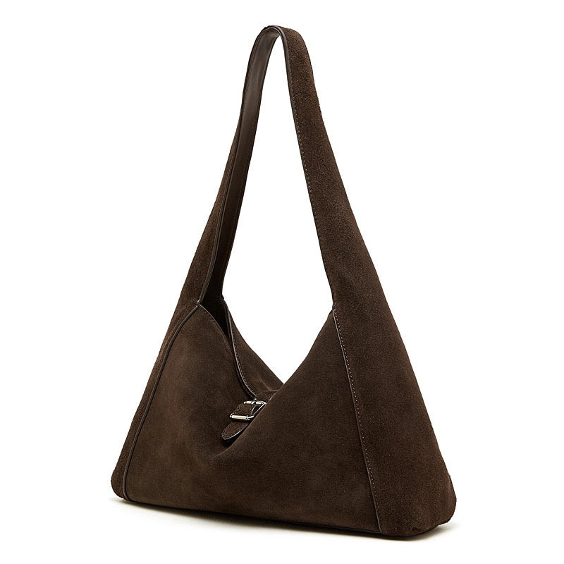 Structured Truffle Suede Shoulder Bag with Metal Buckle