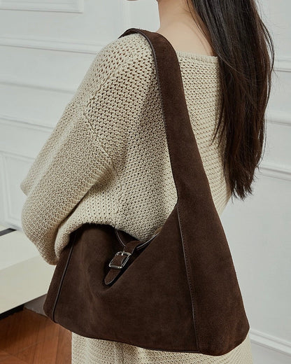 Structured Truffle Suede Shoulder Bag with Metal Buckle