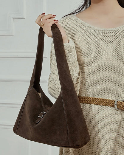 Structured Truffle Suede Shoulder Bag with Metal Buckle