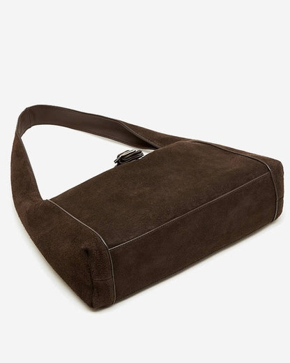 Structured Truffle Suede Shoulder Bag with Metal Buckle