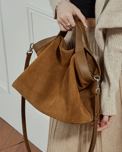 Chocolate Suede & Genuine Leather Structured Tote Bag