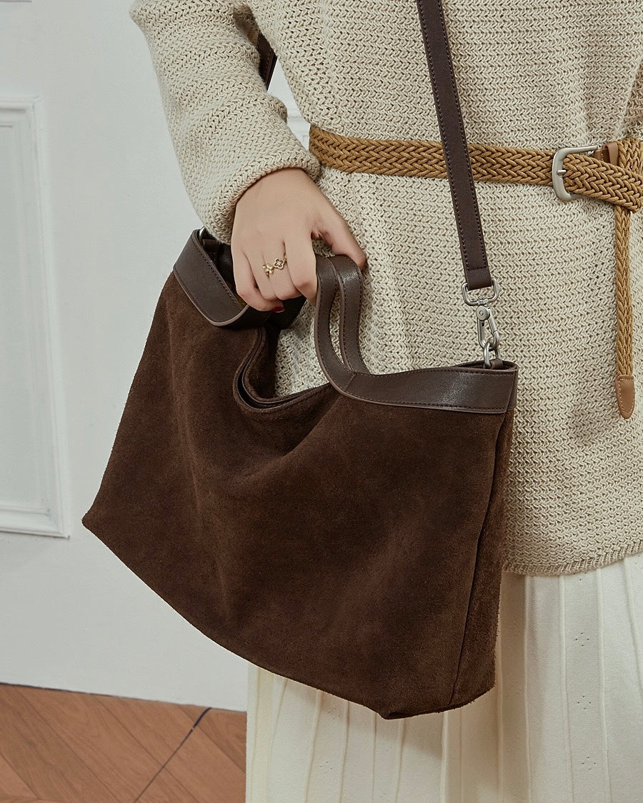 Chocolate Suede & Genuine Leather Structured Tote Bag