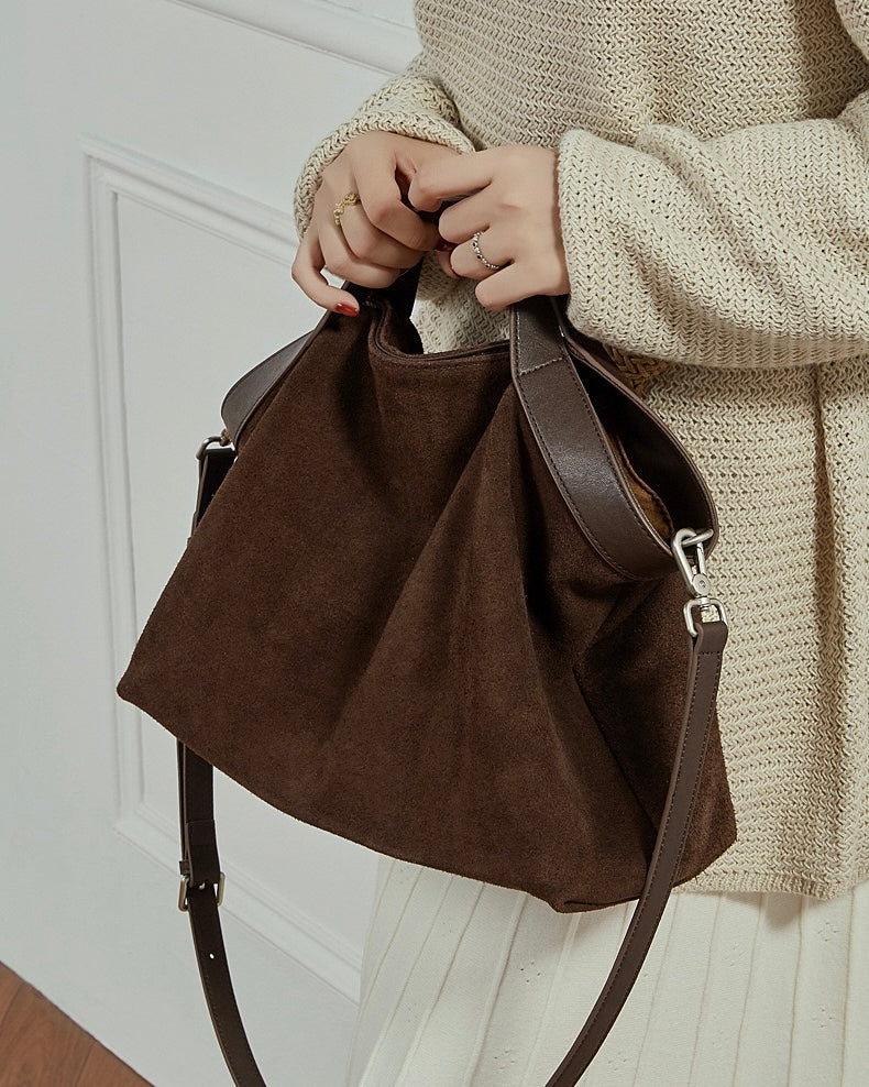 Chocolate Suede & Genuine Leather Structured Tote Bag