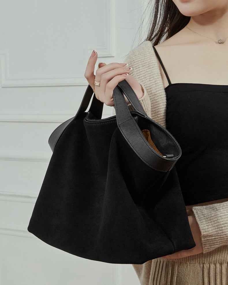 Chocolate Suede & Genuine Leather Structured Tote Bag