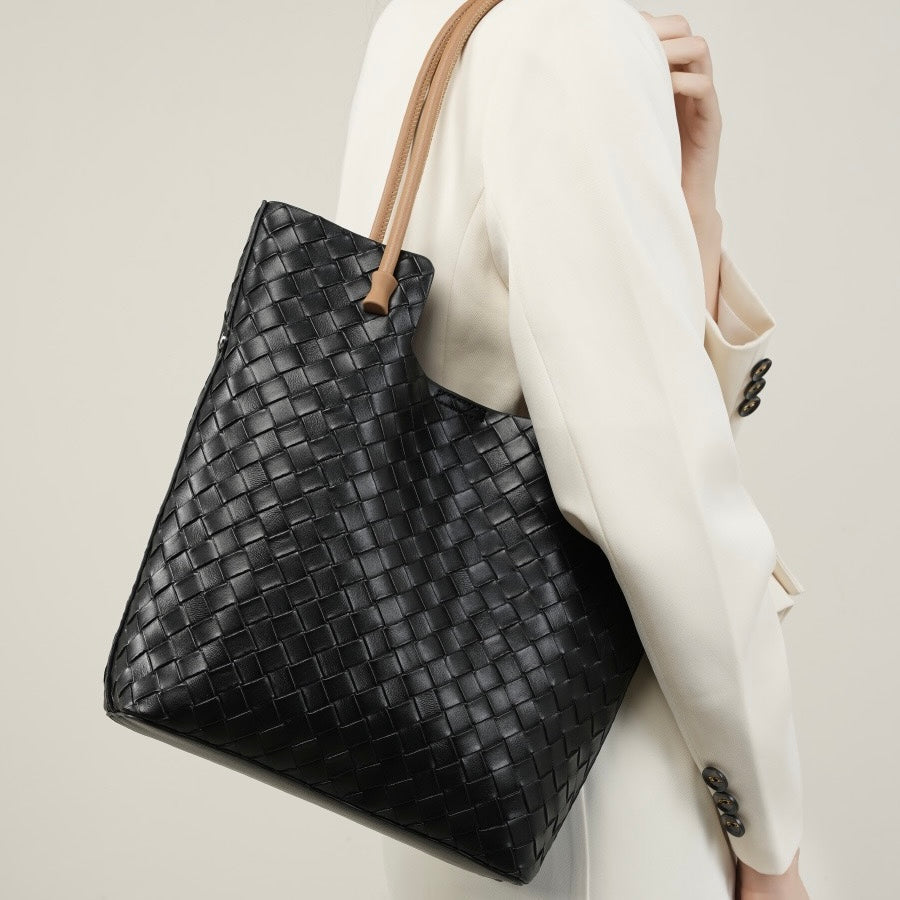 Women's Genuine Weaving Leather Minimalist Shoulder Tote Bag