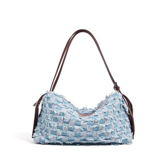 Women’s Genuine Leather Denim Patchwork Shoulder Bag – Vintage Artistic Style