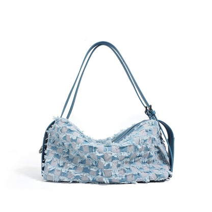 Women’s Genuine Leather Denim Patchwork Shoulder Bag – Vintage Artistic Style