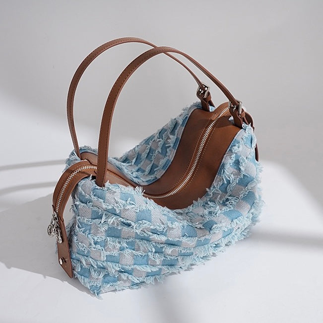 Women’s Genuine Leather Denim Patchwork Shoulder Bag – Vintage Artistic Style