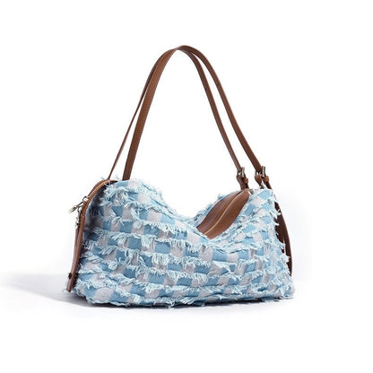 Women’s Genuine Leather Denim Patchwork Shoulder Bag – Vintage Artistic Style