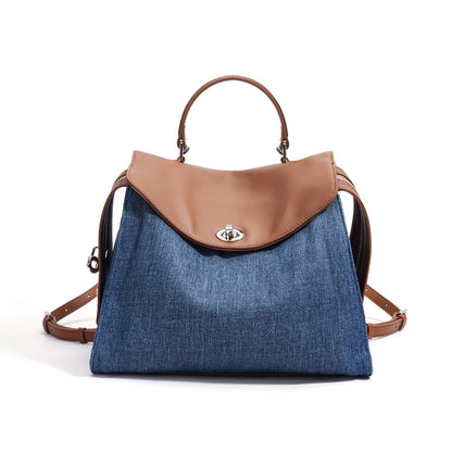 Women’s Genuine Leather & Denim Patchwork Backpack – Large Capacity Commuter Bag