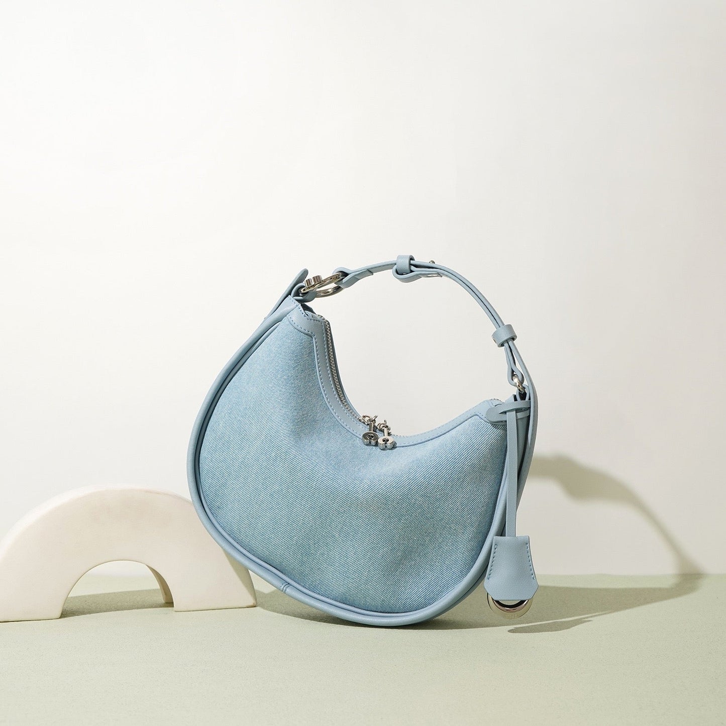 Women’s Genuine Leather & Denim Crescent Shoulder Bag – Spring/Summer Mini Edition