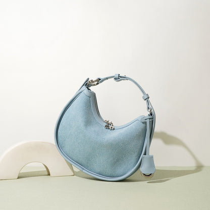 Women’s Genuine Leather & Denim Crescent Shoulder Bag – Spring/Summer Mini Edition