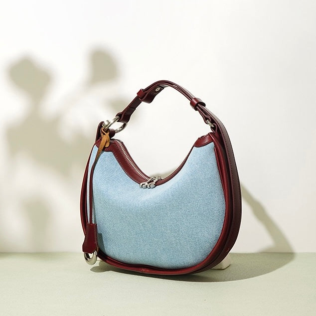 Women’s Genuine Leather & Denim Crescent Shoulder Bag – Spring/Summer Mini Edition