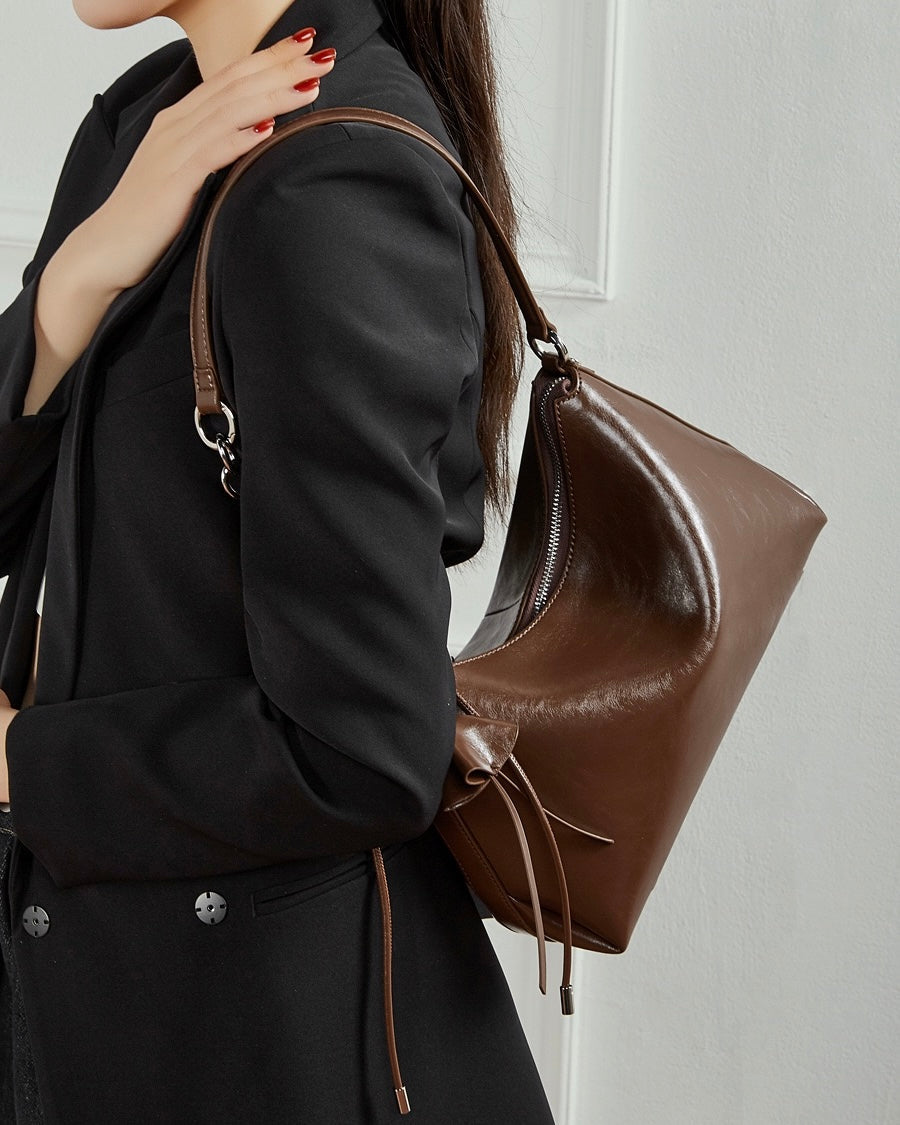 Women's Genuine Leather Hobo Bag with Knotted Strap & Bow Detail