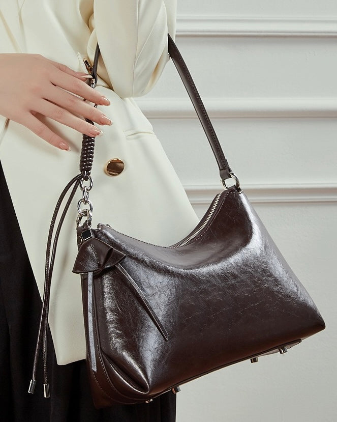 Women's Genuine Leather Hobo Bag with Knotted Strap & Bow Detail