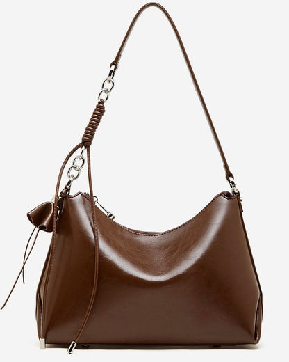 Women's Genuine Leather Hobo Bag with Knotted Strap & Bow Detail