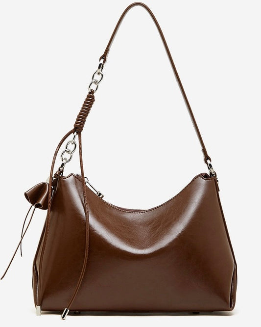 Women's Genuine Leather Hobo Bag with Knotted Strap & Bow Detail
