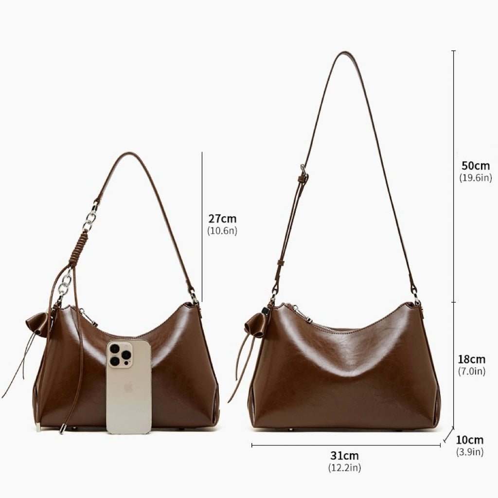 Women's Genuine Leather Hobo Bag with Knotted Strap & Bow Detail