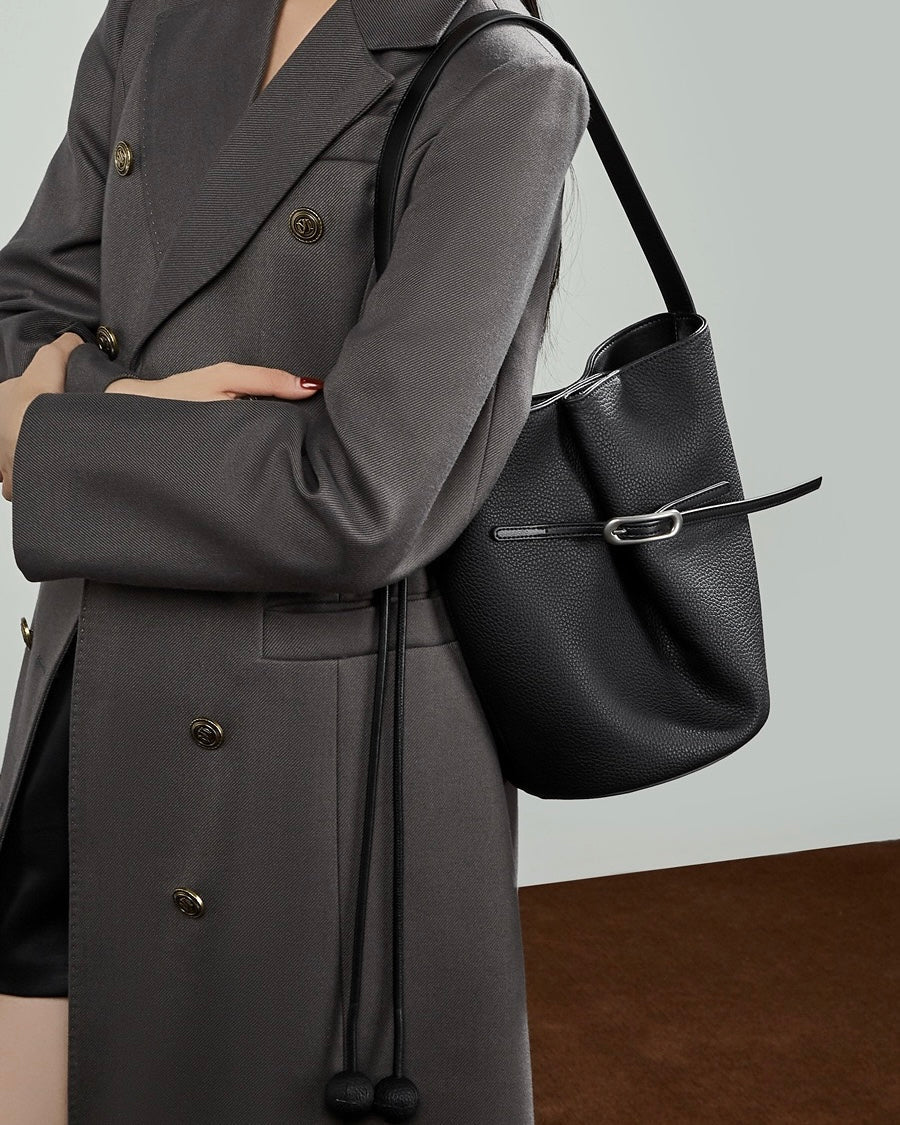 Women's Pebbled Leather Bucket Bag with Knot & Sphere Detail