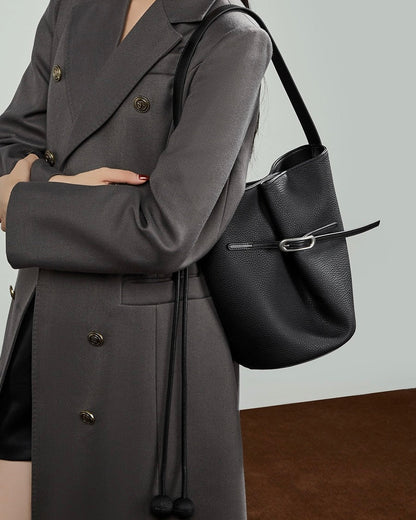 Women's Pebbled Leather Bucket Bag with Knot & Sphere Detail