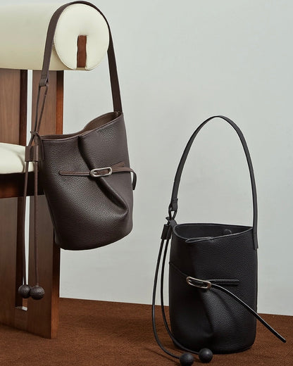 Women's Pebbled Leather Bucket Bag with Knot & Sphere Detail