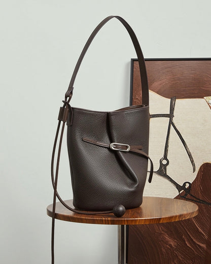Women's Pebbled Leather Bucket Bag with Knot & Sphere Detail