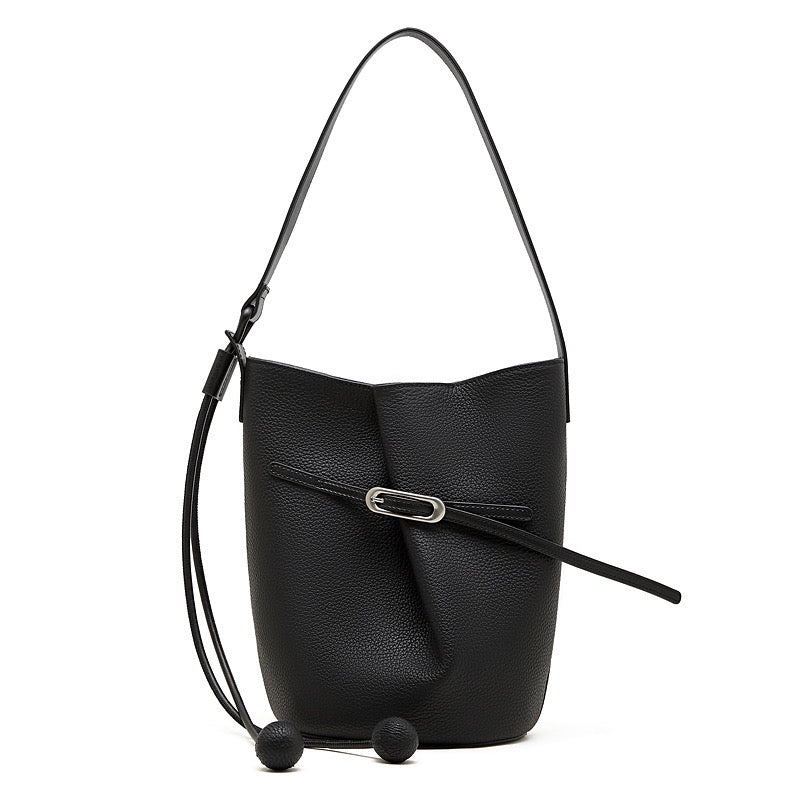 Women's Pebbled Leather Bucket Bag with Knot & Sphere Detail