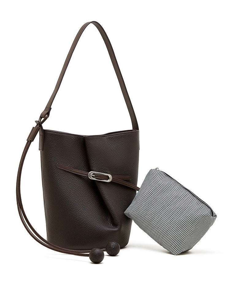Women's Pebbled Leather Bucket Bag with Knot & Sphere Detail