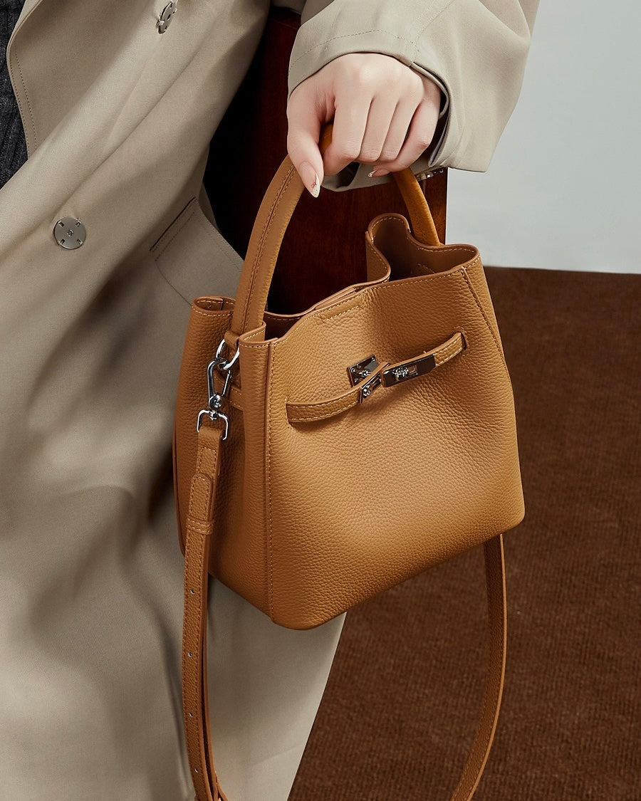 Women's Luxury Genuine Leather Basket Bucket Bag