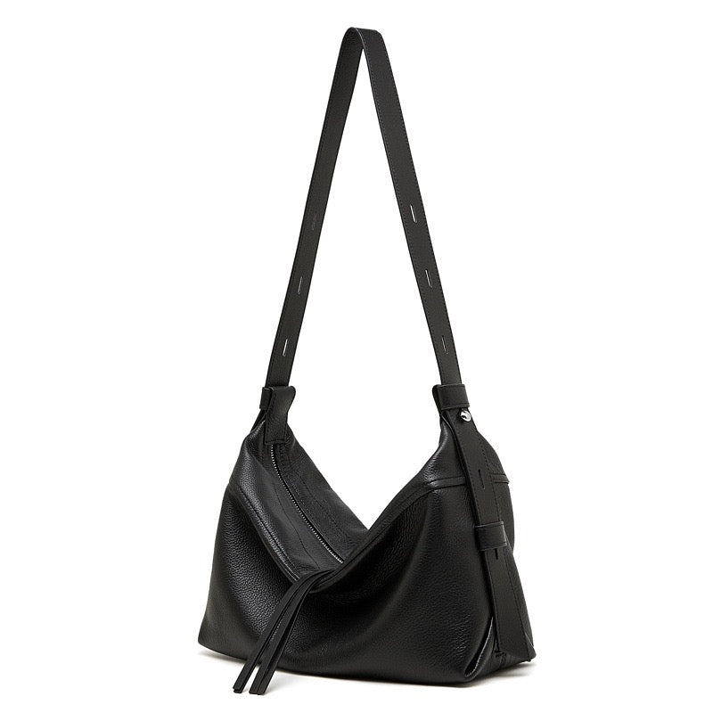 Women's Genuine Pebbled Leather Crescent Bag with Tassel Accent