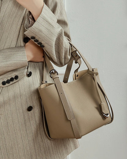 Women's Sleek Genuine Togo Leather Bucket Bag with Pouch