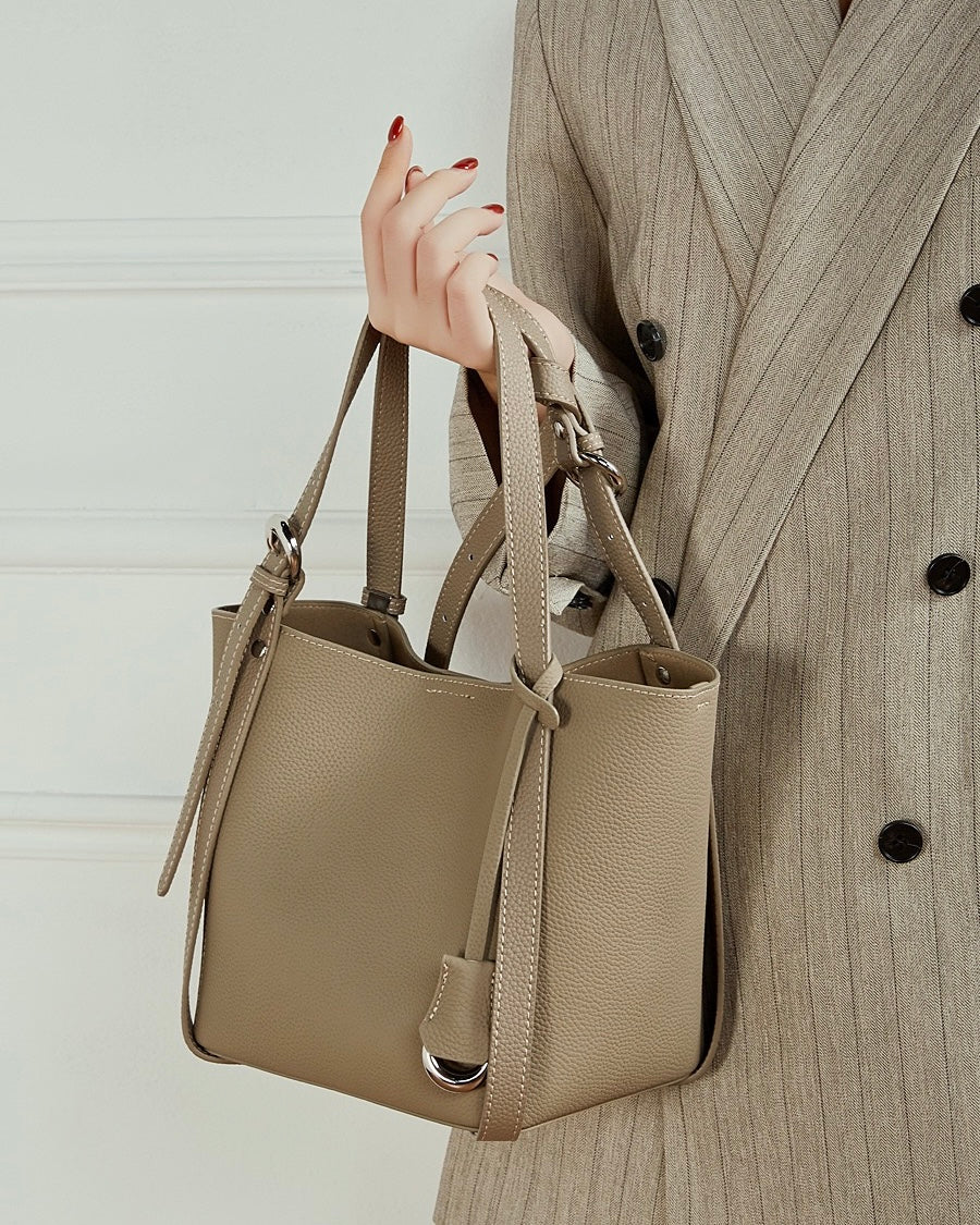 Women's Sleek Genuine Togo Leather Bucket Bag with Pouch