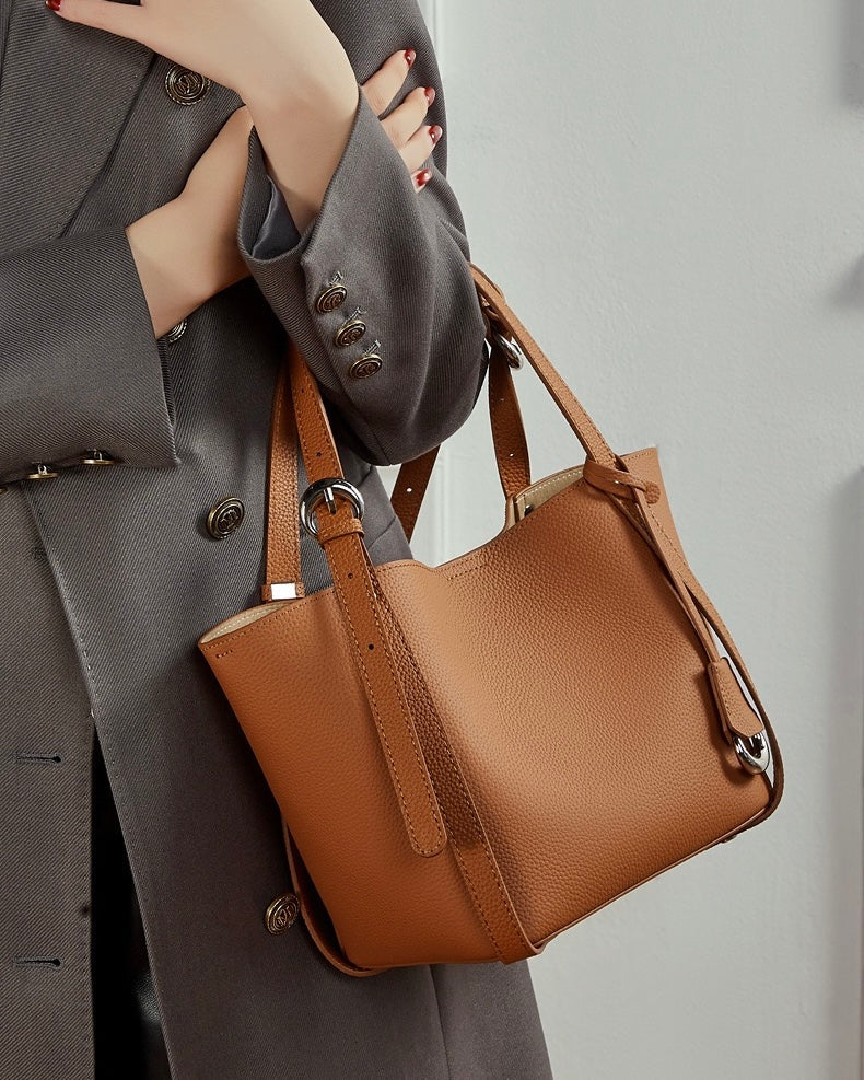 Women's Sleek Genuine Togo Leather Bucket Bag with Pouch