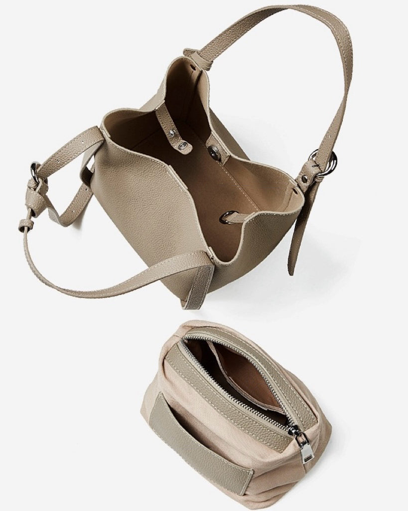 Women's Sleek Genuine Togo Leather Bucket Bag with Pouch