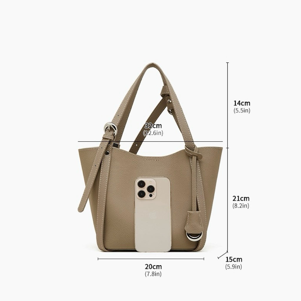 Women's Sleek Genuine Togo Leather Bucket Bag with Pouch