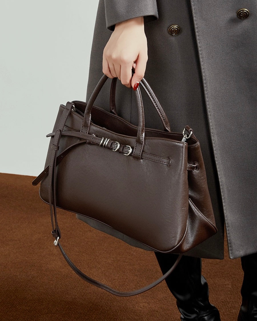 Retro Genuine Leather Crossbody Bag with Signature Ring-Buckle Strap