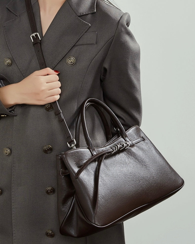 Retro Genuine Leather Crossbody Bag with Signature Ring-Buckle Strap