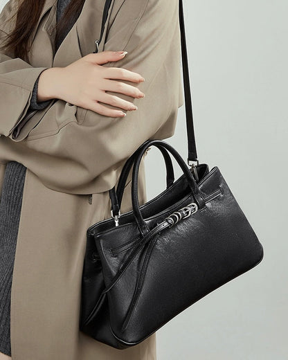 Retro Genuine Leather Crossbody Bag with Signature Ring-Buckle Strap