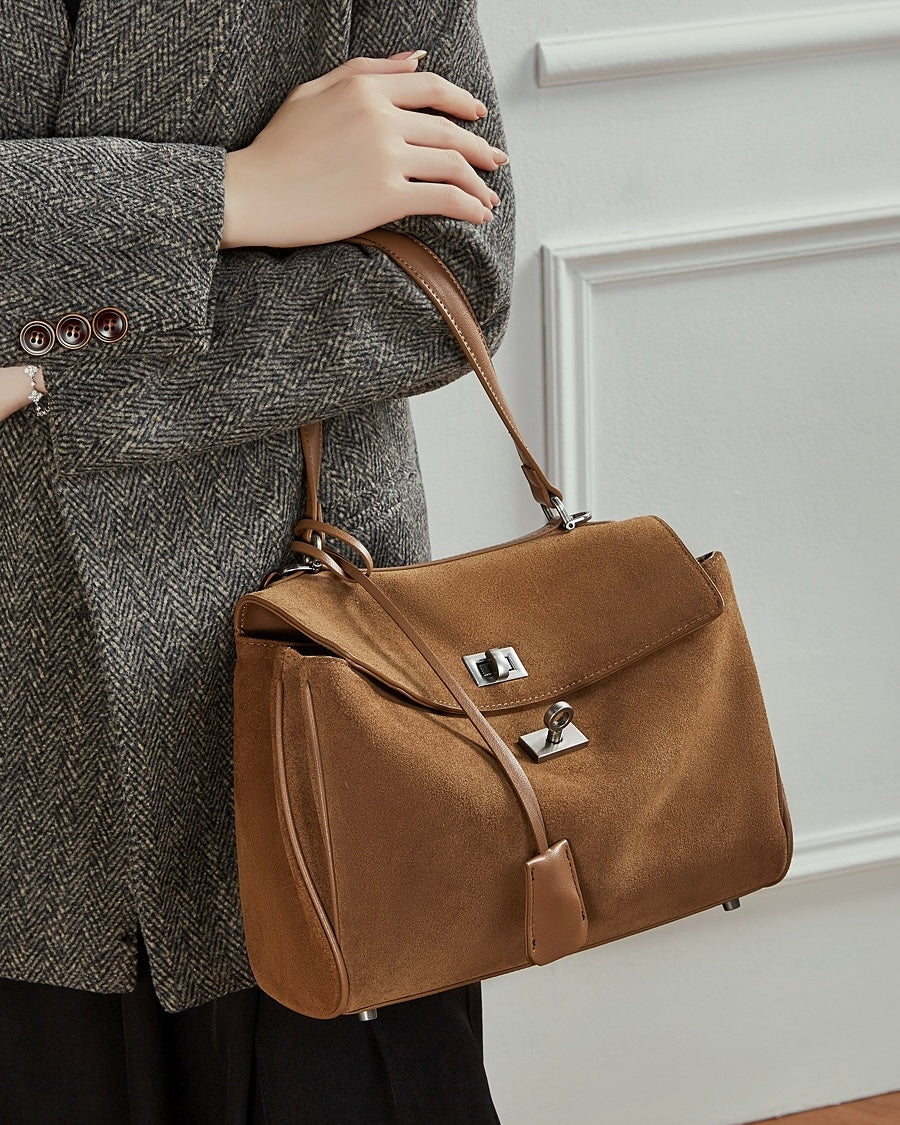 Sleek Soft Suede Genuine Leather Top-Handle Bag