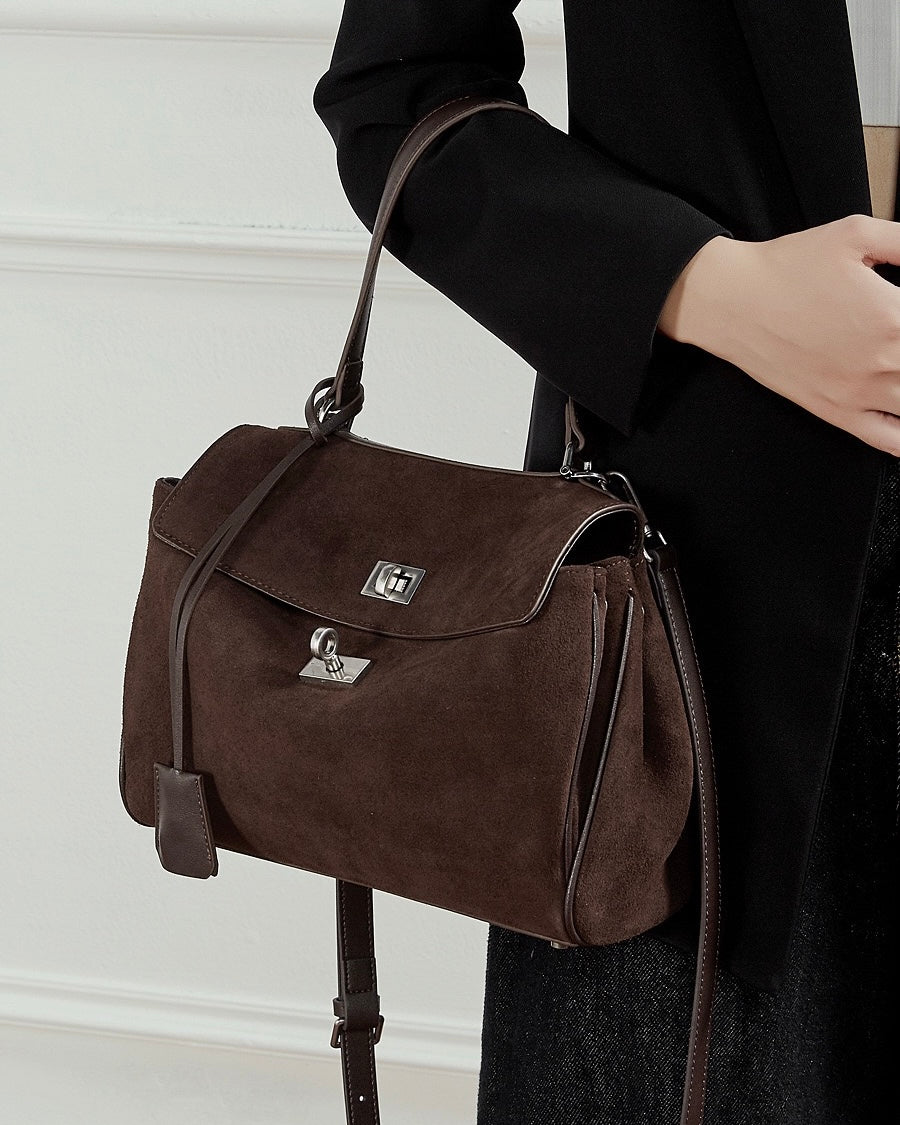 Sleek Soft Suede Genuine Leather Top-Handle Bag