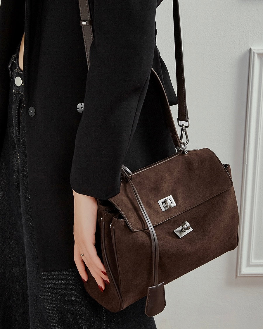 Sleek Soft Suede Genuine Leather Top-Handle Bag