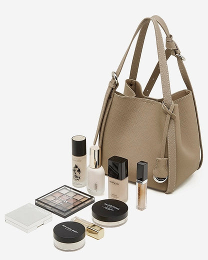 Women's Sleek Genuine Togo Leather Bucket Bag with Pouch