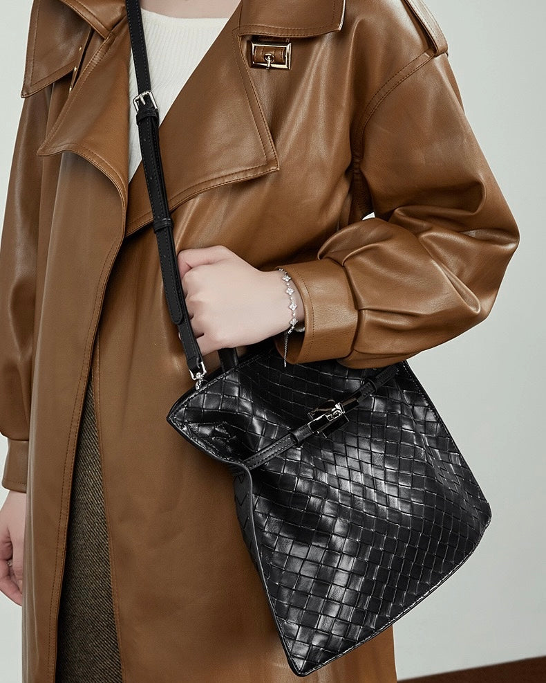 Women's Noir Woven Leather Buckle Tote Bag